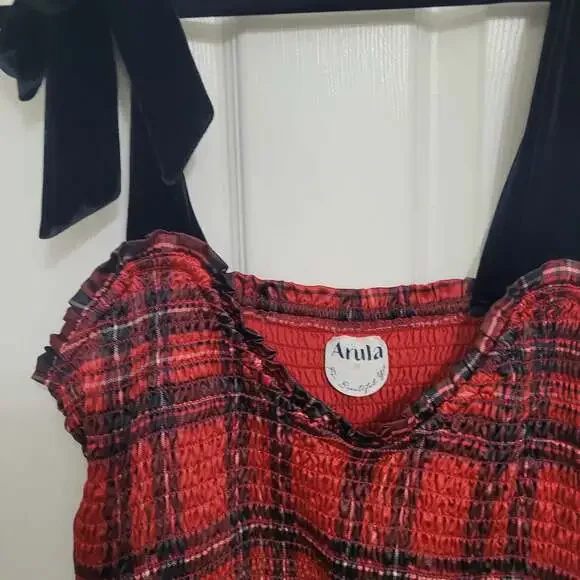 Arula size 2X red Plaid dress with black velvet shoulder ties‎ NWT - Picture 2 of 8